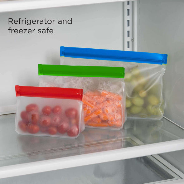 Reusable Stand Up Bags in fridge filled with vegetables and fruit