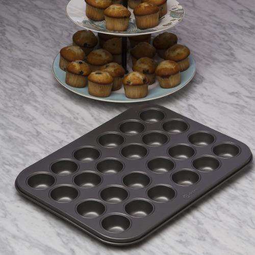 BakeIns Mini Muffin/Cupcake Pan 24 Cup on counter next to muffins