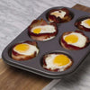 BakeIns Non-Stick Muffin/Cupcake Pan with eggs and bacon in cups