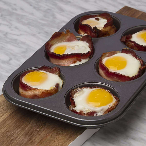BakeIns Non-Stick Muffin/Cupcake Pan with eggs and bacon in cups
