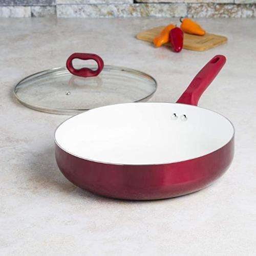 Bliss Non-Stick Ceramic Sauté Pan with Lid off on countertop