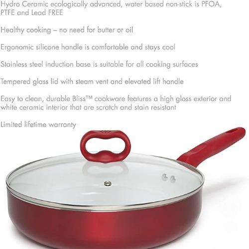 Bliss Non-Stick Ceramic Sauté Pan with Lid with features on white background