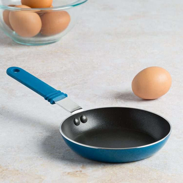 Blue Mini Non-Stick Frying Pan on counter next to egg