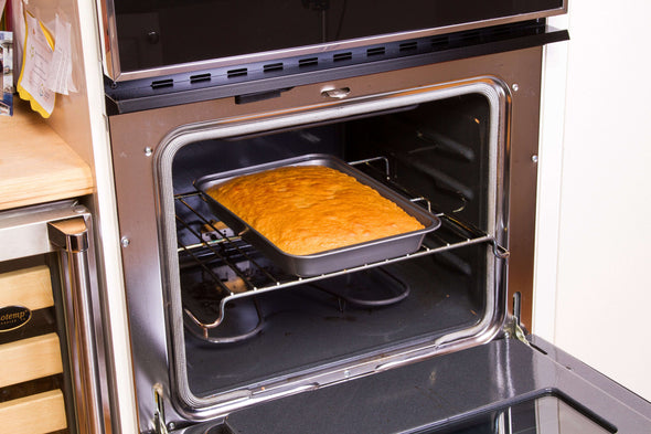 Rectangular Cake Pan in oven with food