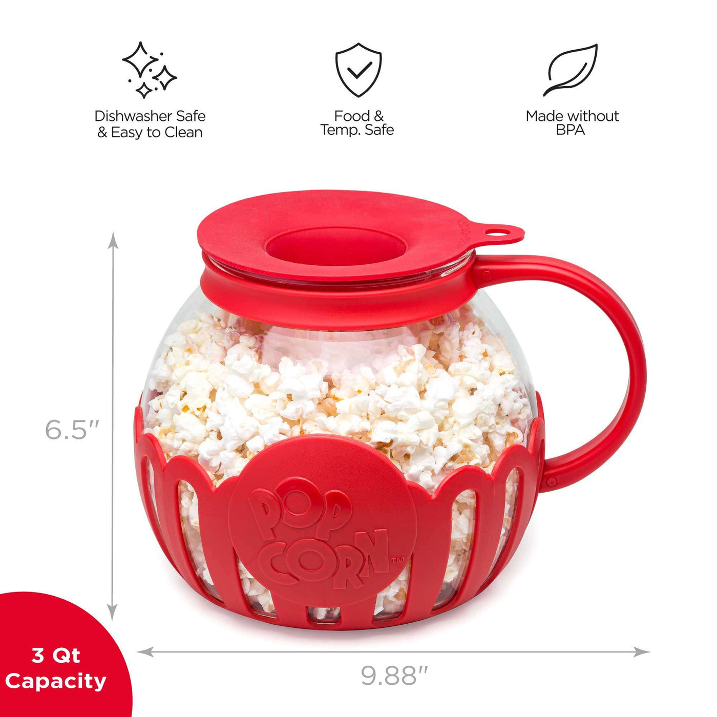 Ecolution Patented Micro-Pop Microwave Popcorn Popper with Temperature Safe  Glass, 3-in-1 Lid Measures Kernels and Melts Butter, Made Without BPA