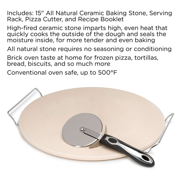 LaRoma Pizza Stone Baking Set features on white background