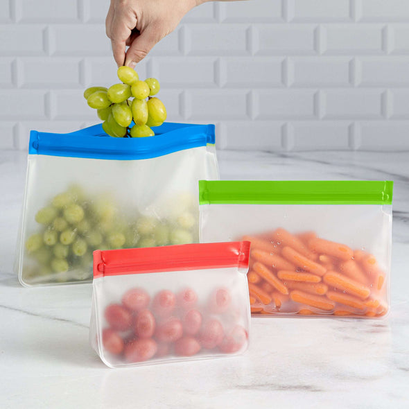 Reusable Stand Up Bags filled with vegetables and fruit