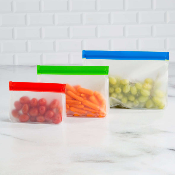 Reusable Stand Up Bags filled with vegetables and fruit on counter